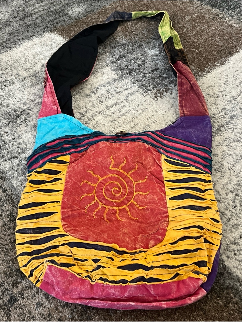 Boho crossbody Colorful Sun Embroidered Patchwork Shoulder Bag - Yellow & Red